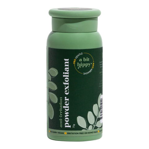 Bottle of natural anti-irritation powder body exfoliant.