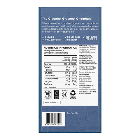 Back of 80g Alter Eco Organic Dark Chocolate bar in Classic Blackout flavour, containing 85% cacao. Back of bar shows nutrition information and ingredients.