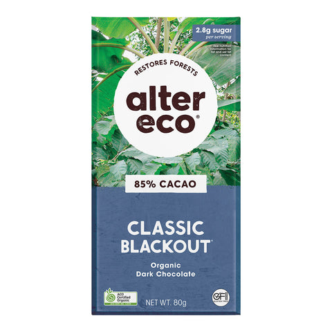 80g Alter Eco Organic Dark Chocolate bar in Classic Blackout flavour, containing 85% cacao.