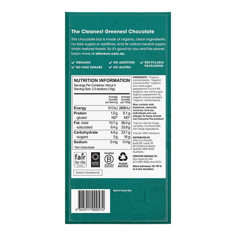 Back of 75g Alter Eco Organic Dark Chocolate bar in Mint Blackout flavour, containing 90% cacao and mint. Back of bar shows nutrition information and ingredients.