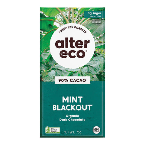 75g Alter Eco Organic Dark Chocolate bar in Mint Blackout flavour, containing 90% cacao and mint.