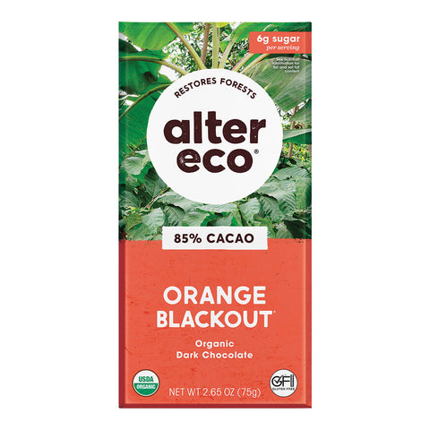 75g Alter Eco Organic Dark Chocolate bar in Orange Blackout flavour, containing 85% cacao and orange.