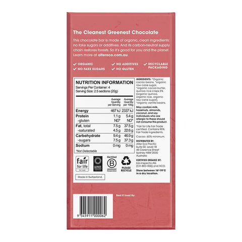 Back of 80g Alter Eco Organic Dark Chocolate bar in Quinoa Crunch flavour, containing 60% cacao and quinoa. Back of bar shows nutrition information and ingredients.