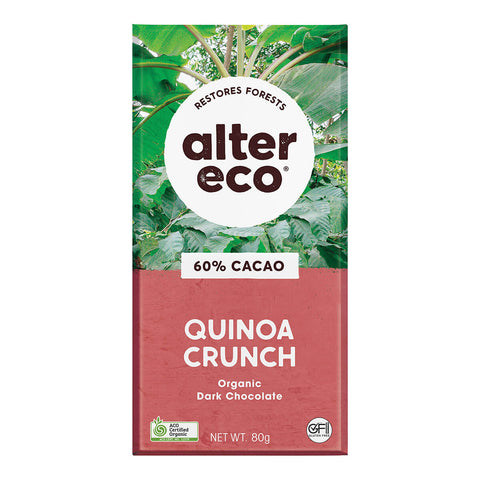 80g Alter Eco Organic Dark Chocolate bar in Quinoa Crunch flavour, containing 60% cacao and quinoa.