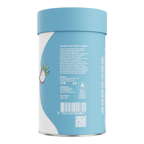 Side of tub of tropical mango flavoured magnesium daily wellness drink powder.