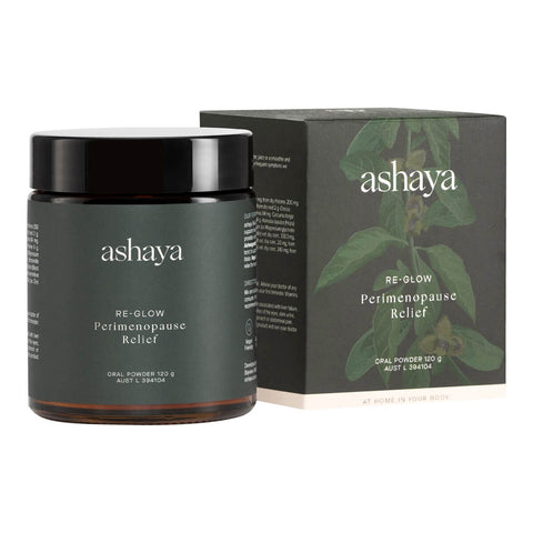 120g jar of ashaya Re-Glow Perimenopause Relief oral powder next to its box, a natural, research-backed daily powder supplement that supports healthy hormone balance and perimenopause/menopause symptoms.