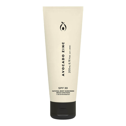 200ml bottle of Avocado Zinc SPF30 Natural Body Sunscreen in a recyclable pale yellow tube with minimal black text. Features non-nano zinc oxide for UVA/UVB protection and hydrating ingredients with anti-aging benefits. Vegan and cruelty free.