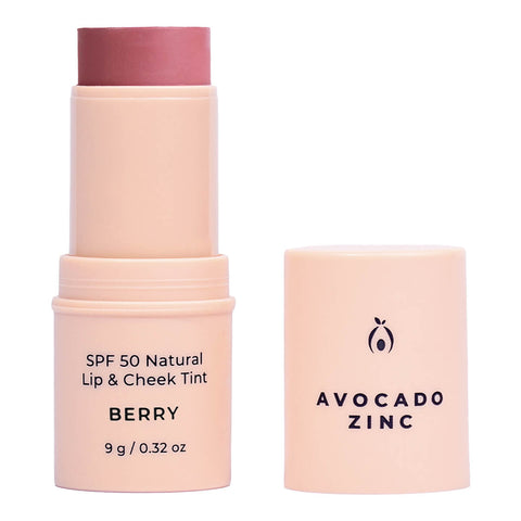 9g tube of Avocado Zinc SPF50 Natural Lip & Cheek Tint in the shade, Berry, a purple and red colour. This is a multi-purpose stick that can act as a lip balm, lipstick, blush, and eyeshadow with SPF50 broad spectrum protection. Made with natural ingredients. Packaged in a light pink, recycled plastic stick.