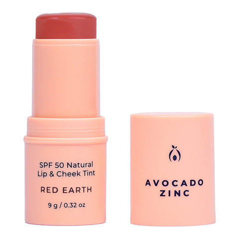 9g tube of Avocado Zinc SPF50 Natural Lip & Cheek Tint in the shade, Red Earth, a reddish-brown colour. This is a multi-purpose stick that can act as a lip balm, lipstick, blush, and eyeshadow with SPF50 broad spectrum protection. Made with natural ingredients. Packaged in a pink, recycled plastic stick.