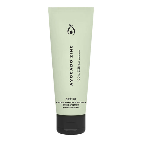 100ml bottle of Avocado Zinc SPF50 Natural Physical Sunscreen in a recyclable light green tube with minimal black text. Features non-nano zinc oxide for UVA/UVB protection and nourishing, moisturising ingredients. Vegan and cruelty free.