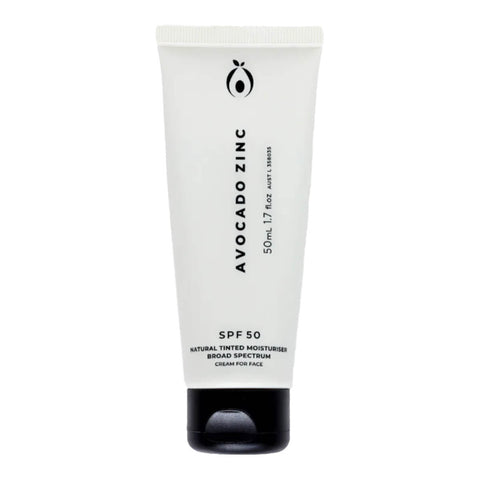 50ml Avocado Zinc SPF50 Natural Tinted Moisturiser in a recyclable white tube. This 100% natural, vegan formula provides coverage, evens skin tone, conceals blemishes, and blends well across all skin tones. Features moisturising properties and SPF50 broad spectrum protection. Vegan and cruelty free.