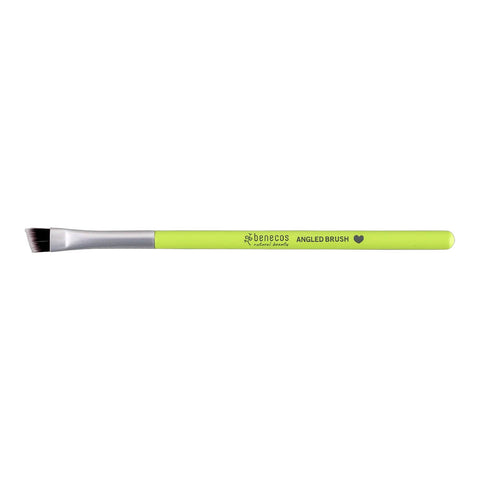 A lime green angled vegan makeup brush.