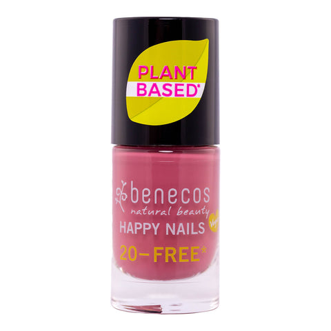 Bottle of plant-based nail polish in the shade 'Mystery'.