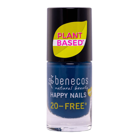 Bottle of plant-based nail polish in the shade 'Nordic Blue'.