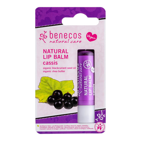 Tube of blackcurrant flavoured certified natural lip balm in a blister pack.