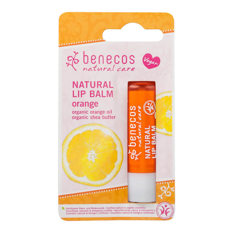 Tube of orange flavoured certified natural lip balm in a blister pack.