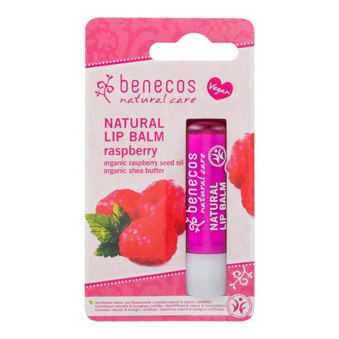 Tube of raspberry flavoured certified natural lip balm in a blister pack.