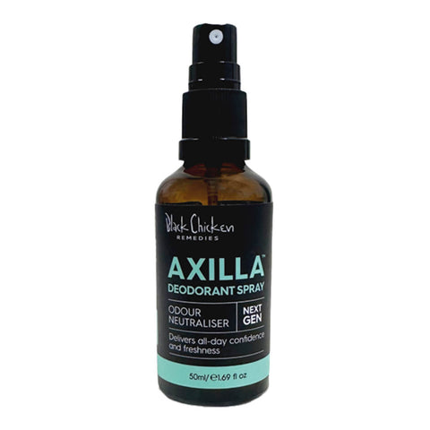 50ml spray bottle of Black Chicken Remedies Axilla Deodorant Spray, combining zinc with all-natural ingredients to neutralise odour, tighten pores, and soothe sensitive skin. Comes in a glass bottle.