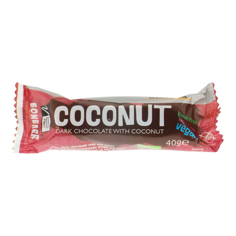 Vegan dark chocolate bar with coconut.