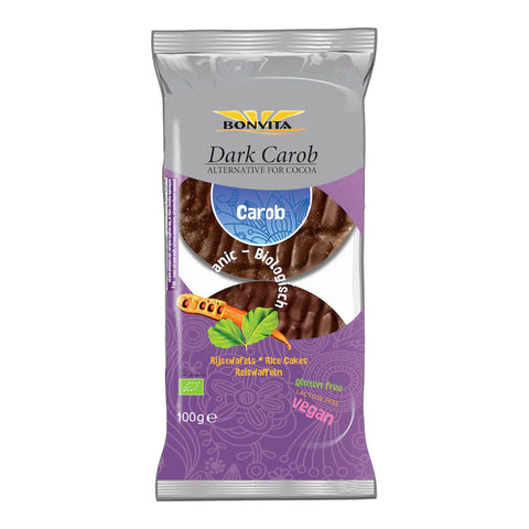 Packet of vegan rice cakes coated in carob.