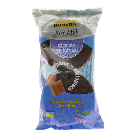 Packet of vegan rice cakes covered in chocolate.