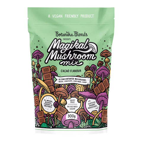 300g bag of Botanika Blends Magikal Mushroom Mix in Cacao flavour, combining organic shiitake, turkey tail, tremella, and maitake mushrooms with organic raw cacao and coconut milk, allowing you to simply add hot water for a delicious hot chocolate drink in an instant.