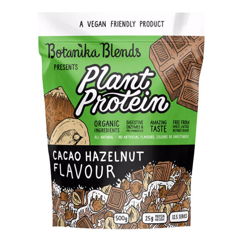 500g bag of Botanika Blends Plant Protein in Cacao Hazelnut flavour, a vegan protein powder made with natural and organic ingredients.