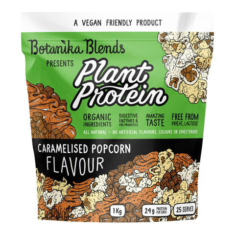 1kg bag of Botanika Blends Plant Protein in Caramelised Popcorn flavour, a vegan protein powder made with natural and organic ingredients.