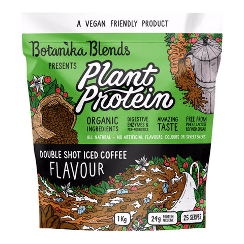 1kg bag of Botanika Blends Plant Protein in Double Shot Iced Coffee flavour, a vegan protein powder made with natural and organic ingredients.