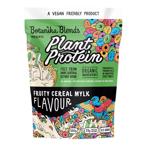 500g bag of Botanika Blends Plant Protein in Fruity Cereal Mylk flavour, a vegan protein powder made with natural and organic ingredients.