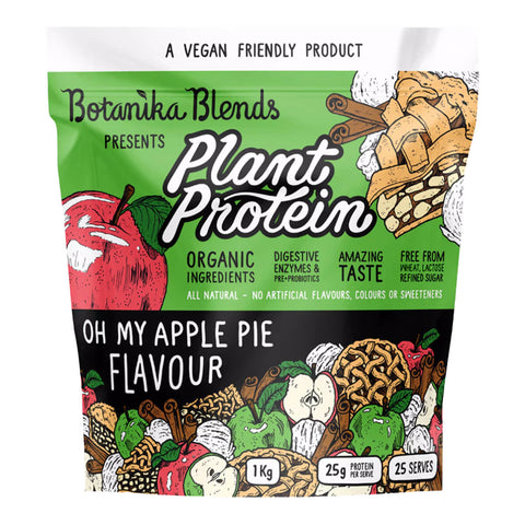 1kg bag of Botanika Blends Plant Protein in Oh My Apple Pie flavour, a vegan protein powder made with natural and organic ingredients.