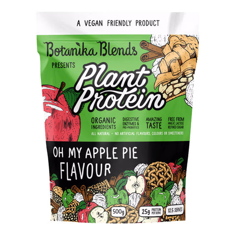 500g bag of Botanika Blends Plant Protein in Oh My Apple Pie flavour, a vegan protein powder made with natural and organic ingredients.