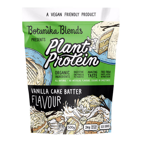 500g bag of Botanika Blends Plant Protein in Vanilla Cake Batter flavour, a vegan protein powder made with natural and organic ingredients.