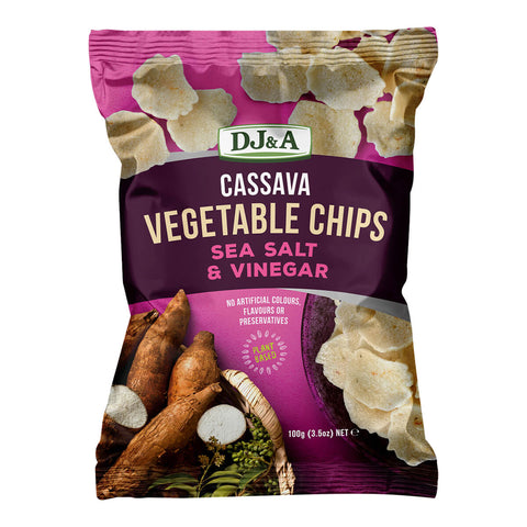 Bag of sea salt and vinegar flavoured vegan vegetable chips.