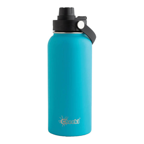 Aqua coloured 1L insulated water bottle designed for outdoors.