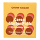 80g box of Chow Cacao Chocolate Slab in Cereal Clister Puffs flavour, a vegan caramel chocolate with crispy chocolate cereal puffs. Made with organic ingredients. Packaged in simple yellow, brown, and pink packaging.