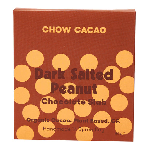 80g box of Chow Cacao Chocolate Slab in Dark Salted Peanut flavour, a smooth dark vegan chocolate bar made with golden, crunchy peanuts and a sprinkle of sea salt flakes. Made with organic ingredients. Packaged in simple brown and tan coloured packaging.