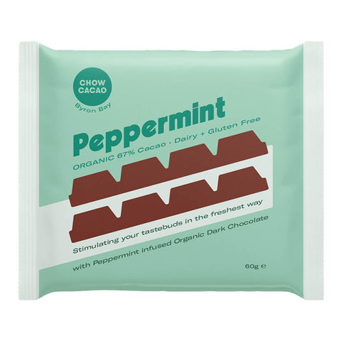 60g Chow Cacao Dark Chocolate Block in Peppermint flavour. Made with 67% organic chocolate. 