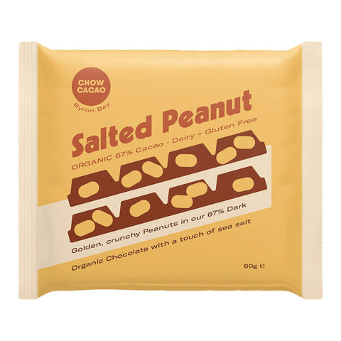 60g Chow Cacao Dark Chocolate Block in Salted Peanut flavour. Made with 67% organic chocolate. 