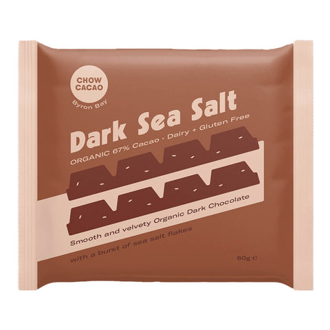 60g Chow Cacao Dark Chocolate Block in Sea Salt flavour. Made with 67% organic chocolate. 