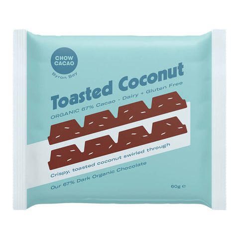 60g Chow Cacao Dark Chocolate Block in Toasted Coconut flavour. Made with 67% organic chocolate. 