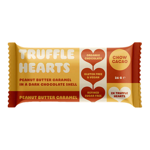 26g packet of Chow Cacao Truffle Hearts in Peanut Butter Caramel flavour. Creamy peanut butter caramel filling in a rich dark vegan chocolate shell. Packet contains two hearts, and highlights how it's organic chocolate, gluten free and vegan, and refined sugar free. Packaged in a dark yellow and red packet with hearts.