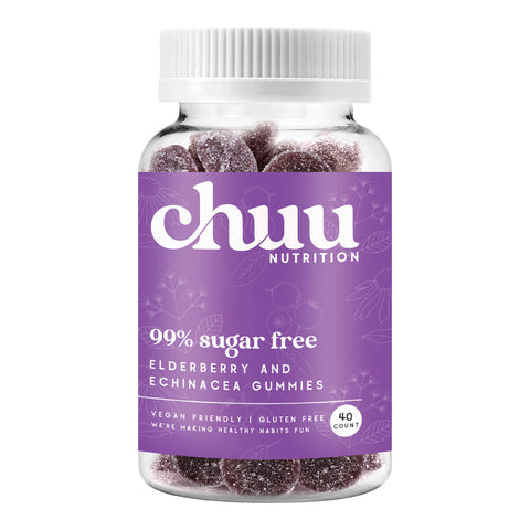 40 Chuu Nutrition Elderberry & Echinacea Gummies in a clear jar with a purple label. Made with a high concentration of elderberry, powerful active ingredients like ginger and echinacea, and only the highest quality natural sweeteners and flavours. They taste just like juicy dark berries. Vegan and gluten free.