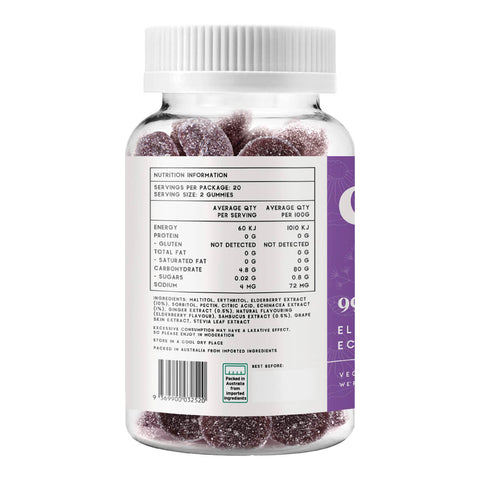 Left side of jar of 40 Chuu Nutrition Elderberry & Echinacea Gummies. Made with a high concentration of elderberry, powerful active ingredients like ginger and echinacea, and only the highest quality natural sweeteners and flavours. They taste just like juicy dark berries. Vegan and gluten free. Showing nutrition information and ingredients. Packaged in a clear jar with a purple label.