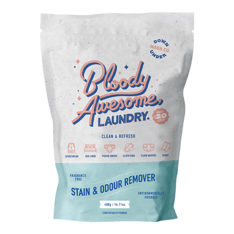 Fragrance free, stain and odour remover laundry powder packaged in a home compostable pouch.