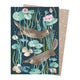 Greeting card made of recycled paper featuring illustrations of platypuses by Victoria McGrane.