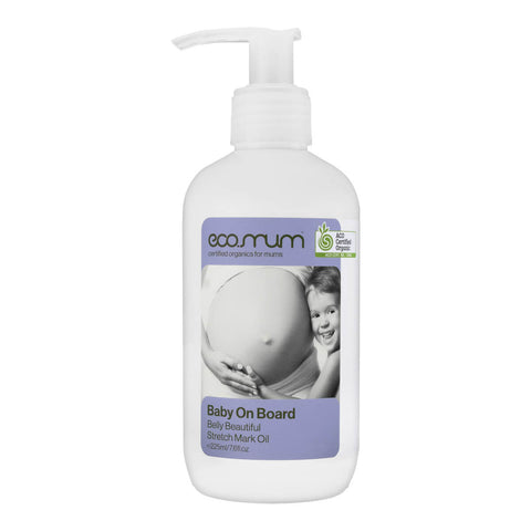 Pump bottle of stretch mark oil for pregnant, stretched or post-partum skin.