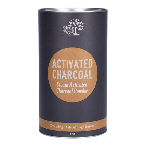 Front of 1kg canister of activated charcoal powder.