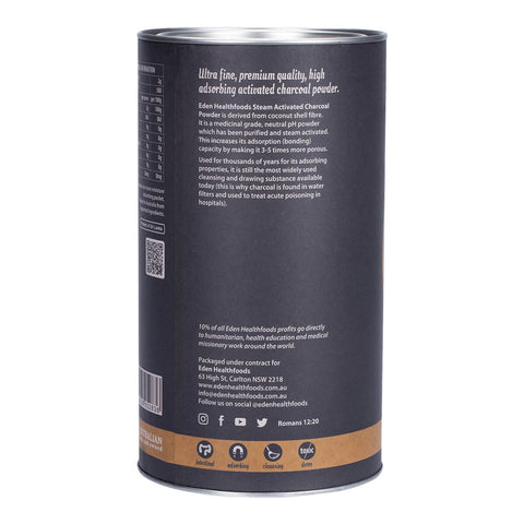 Left side of 1kg canister of activated charcoal powder, showing the product description.