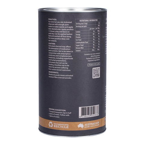 Right side of 1kg canister of activated charcoal powder, showing the directions, ingredients and nutritional information.